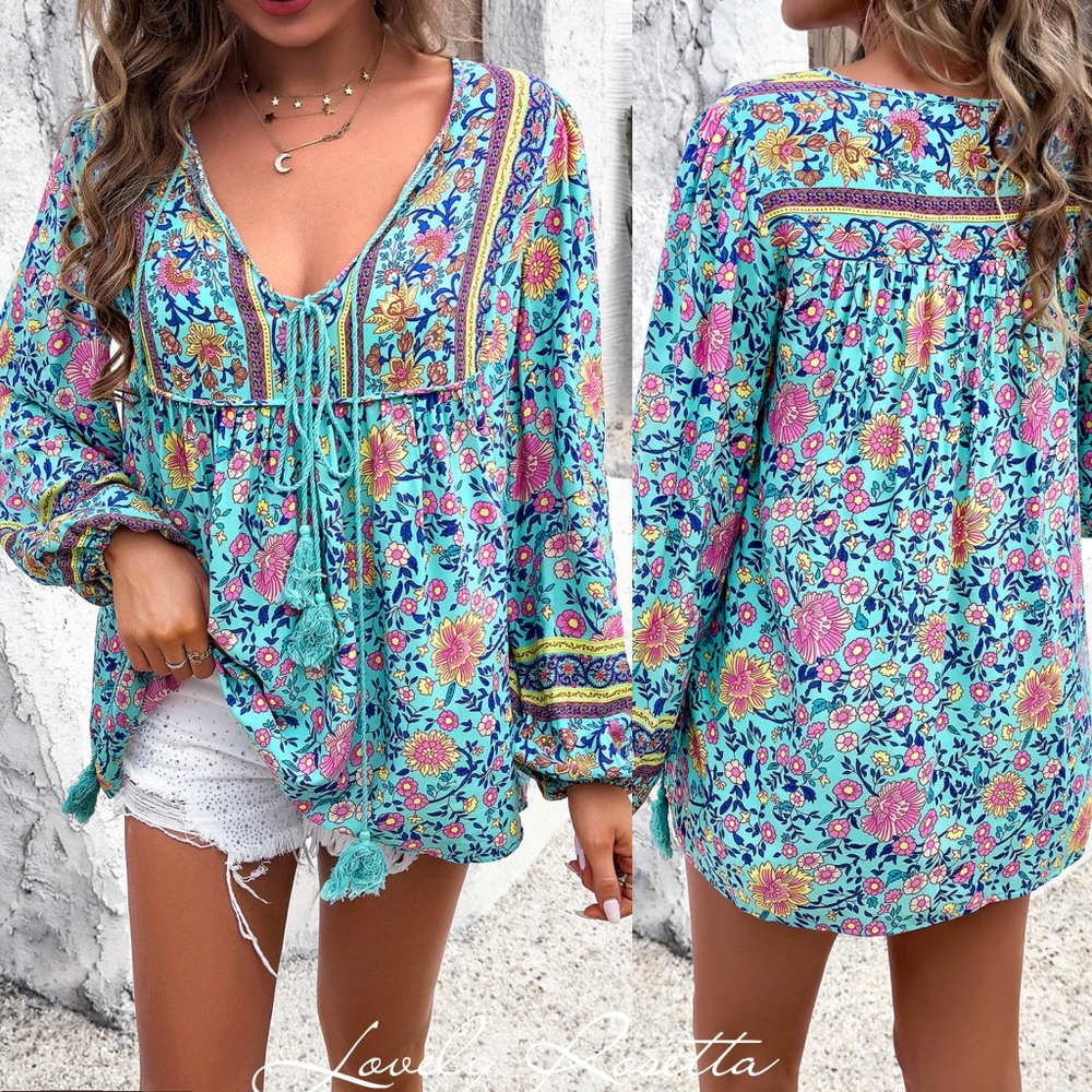 Floral Aqua Bohemian Blouse with Tassels - Picture 5 of 9